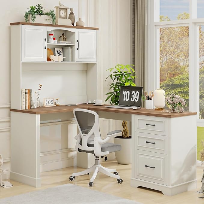 Vabches Farmhouse 68 H L Shaped Executive Desk with Hutch Computer Desk with Charging Station Corner Wood Workstation with File Drawers and Barn Doors for Home Office and Study