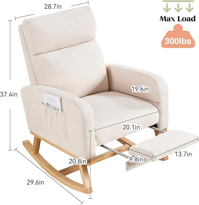Rocking Chair Nursery Nursing Rocking Chairs with Foot Rest for Mom Nursery Glider Rocker Chair with Footrest and High Backrest for Living Room Bedroom Beige