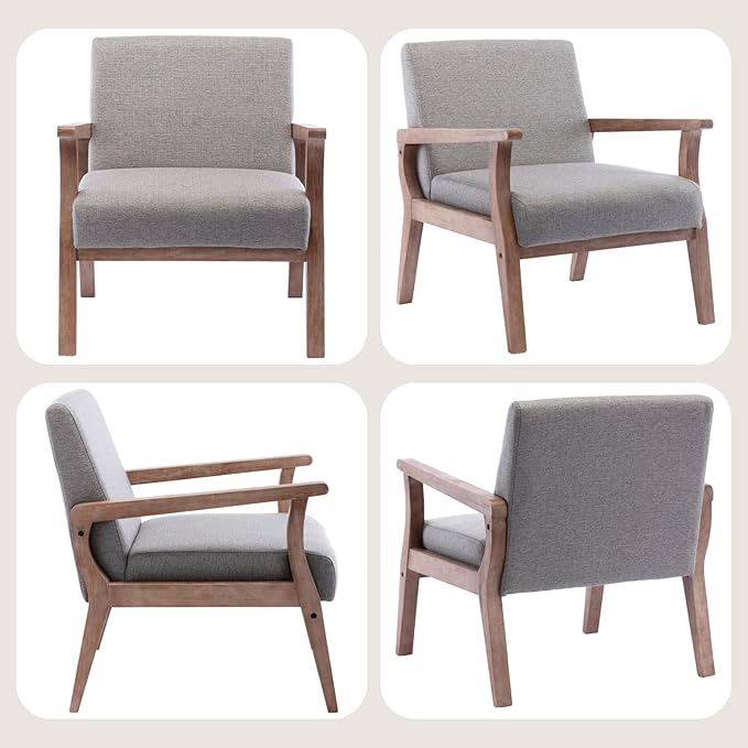 Mid Century Modern Accent Chair Set of 2 Linen Upholstered Living Room Accent Armchair with Wood Frame Farmhouse Chair for Living Room Bedroom Gray