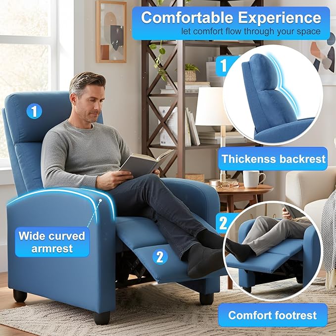 BestMassage | Recliner Chair | No Massage Function | Textile Blue | with Lumbar Support Adjustable Push Back Wide Armrests Footrest &amp Padded Seat | Easy Assembly | for Living Room Home Theatre