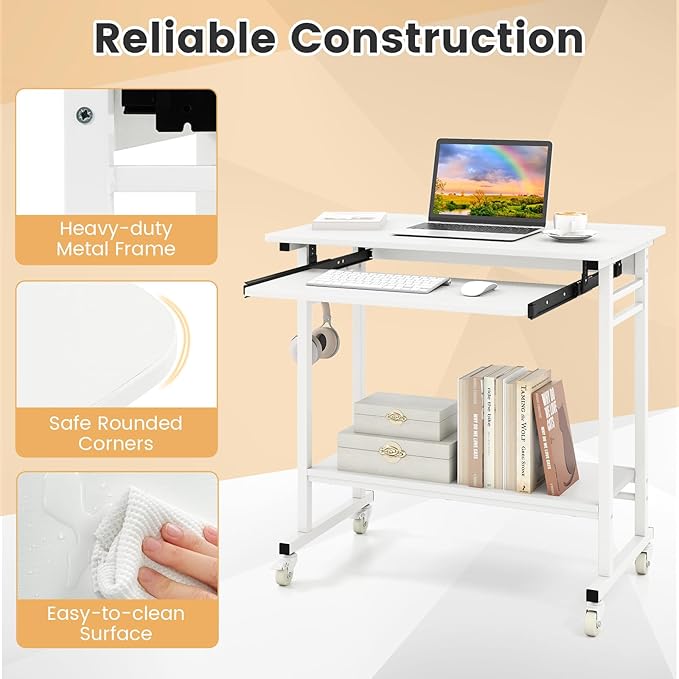 Giantex Rolling Computer Desk Mobile Portable Desk with Keyboard Tray &amp Wheels Laptop PC Table Cart with Shelf &amp Hooks Industrial Small Desk for Small Spaces Home Office Bedroom White