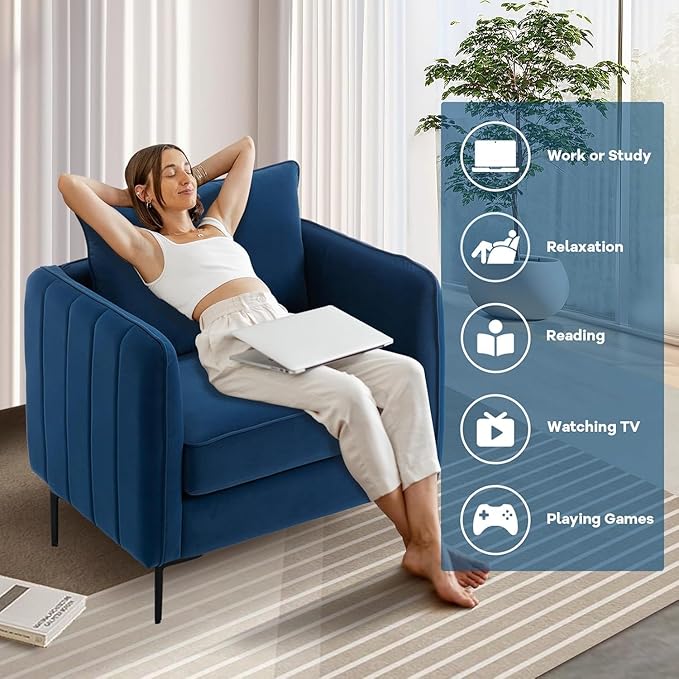 Blue Accent Chair for Living Room Modern Upholstered Accent Chair Comfy Velvet Armchair with Thick Cushion Single Sofa Arm Chairs for Bedroom Office Reading RoomClub (Blue)