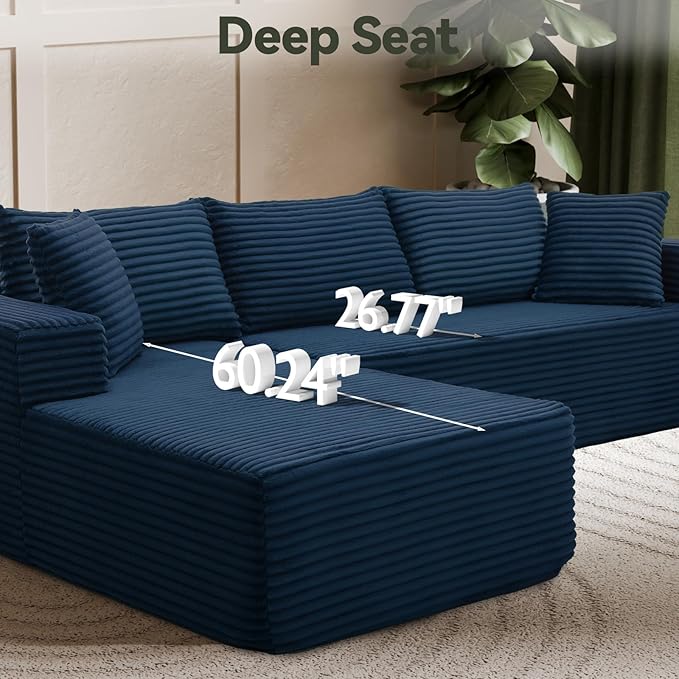 106 Modular Sectional Sofa Blue Corduroy Cloud Couch with Right Chaise Deep Seat Boneless Floor Sofa for Living Room High-Resilience Foam Support No Assembly Required Includes Pillows | Sectiona