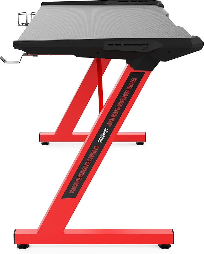 GAMDIAS Zeus Large Gaming Desk with Carbon Fiber Look Surface Home Office Computer Table Gamer Workstation with The Cup Holder and Headset Holder