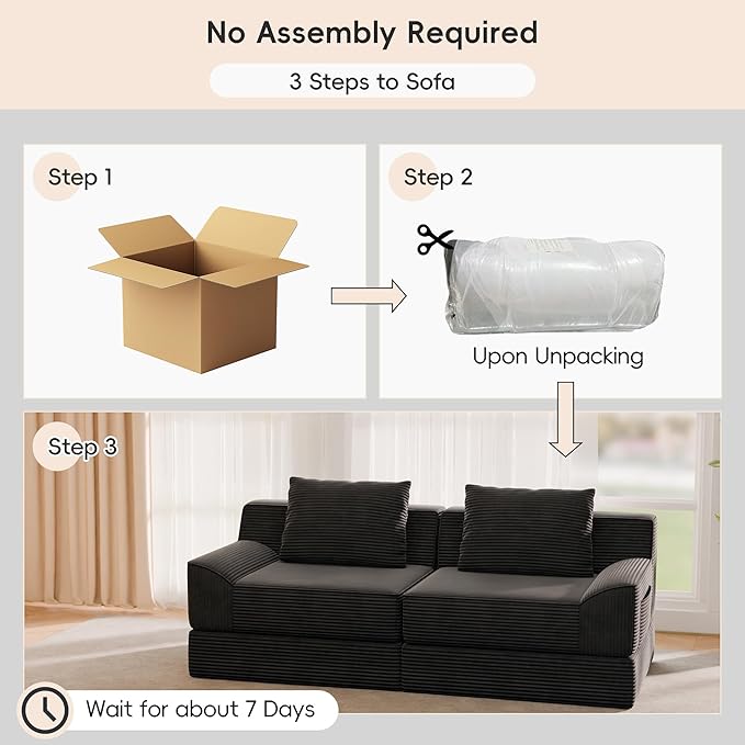Convertible Sofa Bed 79 Inch Boneless Couch Corduroy Loveseat Sleeper Oversized Double Lounge Chaise Cloud Futon Floor Sofa Modular Futon Couch for Living Room Bedroom Lounge (Black)