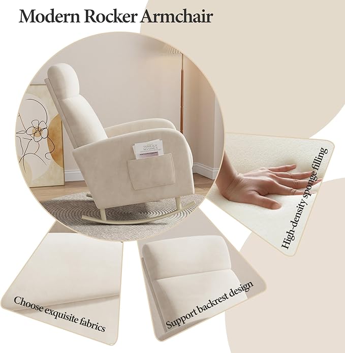 Rocking Chair Nursery Upholstered Glider Chair with Side Pocket Modern Nursery Chair with High Backrest and Rubber Metail Legs Accent Armchair for Living Room Bedroom Indoor (Beige Velvet)