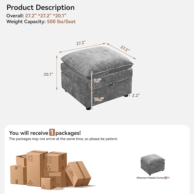 27 Large Square Ottoman with Storage Modern Upholstered Footrest with Anti-Slip Legs for Couch Coffee Table Living Room Bedroom Entryway Chenille Light Grey