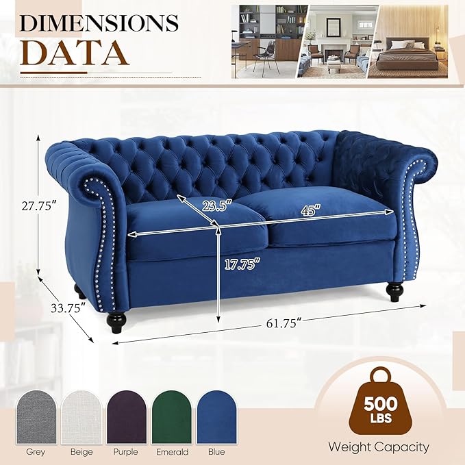 61W Mid Century Modern Chesterfield CouchUpholstered Velvet Loveseat Sofa with Button Tufted &amp Rolled ArmrestsDeep Seat Comfy Sofa with Nailhead Trim &amp Gourd Legs for Living RoomApartment(