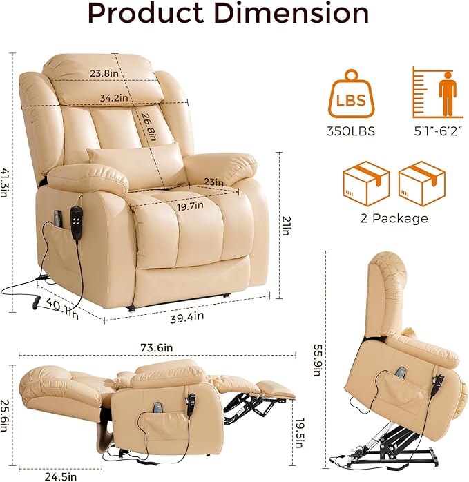 Power Lift Recliner Chair with 8-Point Massage &amp Heat Dual Remote USB/Type-C Ports Easy-Clean Leather Width 19.7 (Leather Beige)