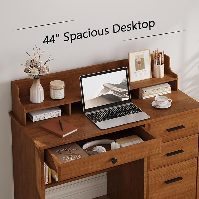 4 EVER WINNER Computer Desk with Drawers for Small Spaces Wood Desk with File Cabinet &amp Monitor Stand Office Desks Writing Study Table for Bedroom Brown