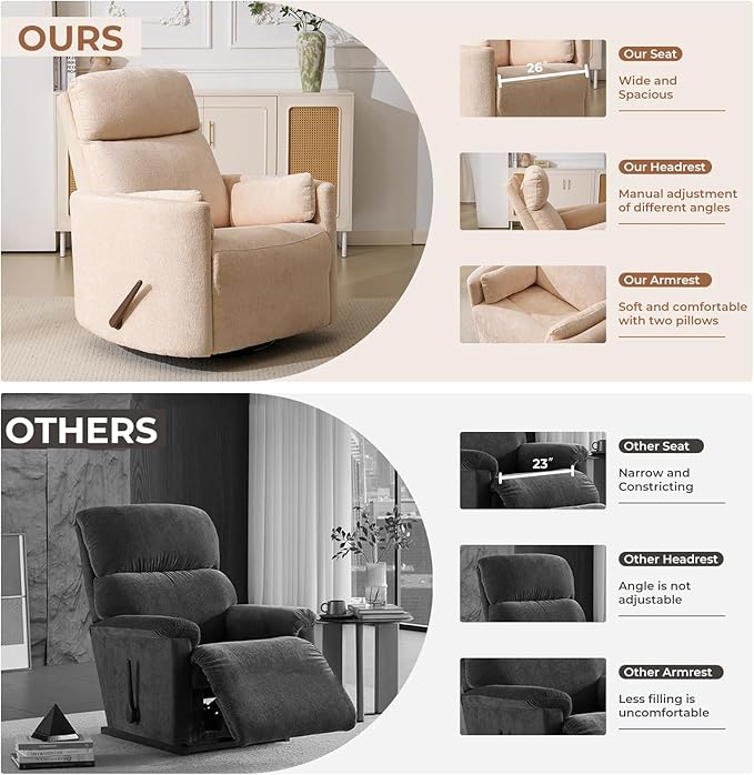 Oversized Swivel Rocker Recliner Chair with Massage and Heat Manual Swivel Glider Rocker Recliner with 2 Bolster Pillows Rocking Nursery Chair with Storage Ottoman  Adjustable Headrest Beige