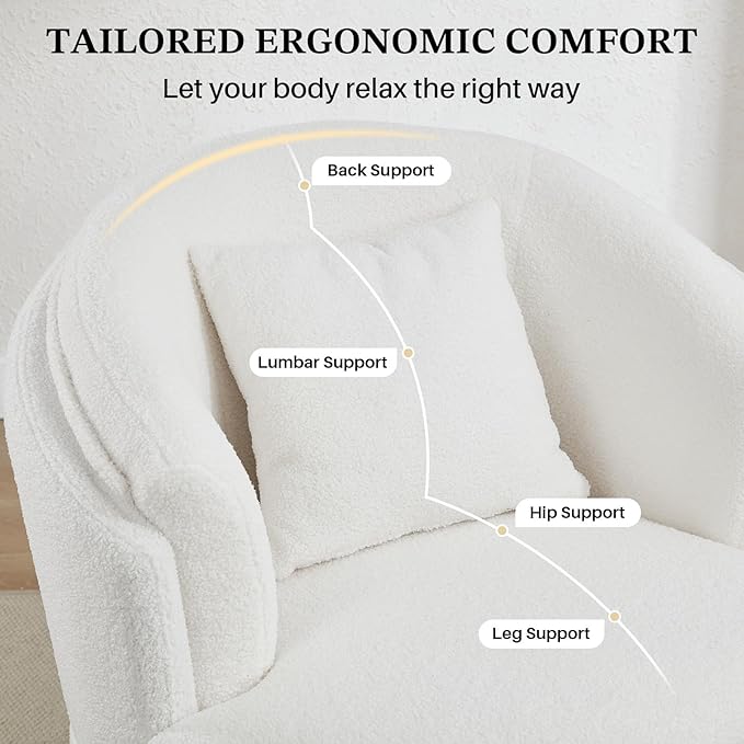 Swivel Accent Chair 360 Degree Round Swivel Barrel Chair with Pillow Widened Upholstered Boucle Chair Comfy Sherpa Barrel Armchair for Living Room Bedroom Reading Room White