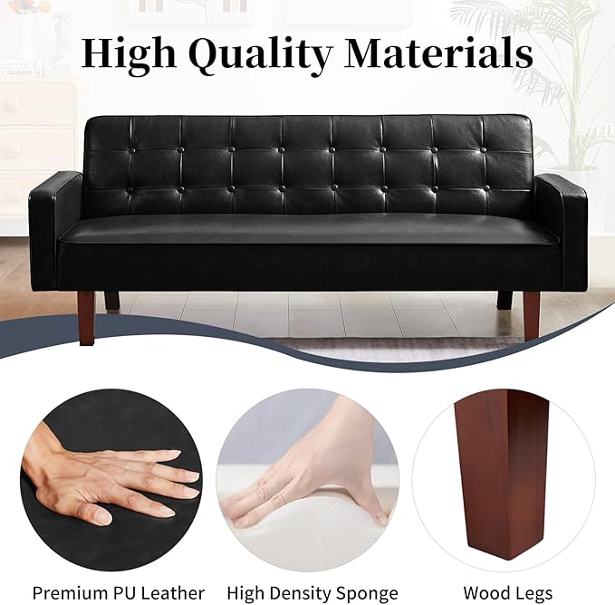 Faux Leather Couch Mid Century Modern Sofa with Memory Foam Comfy 3 Seater Couch for Small Spaces Living Room Office Black