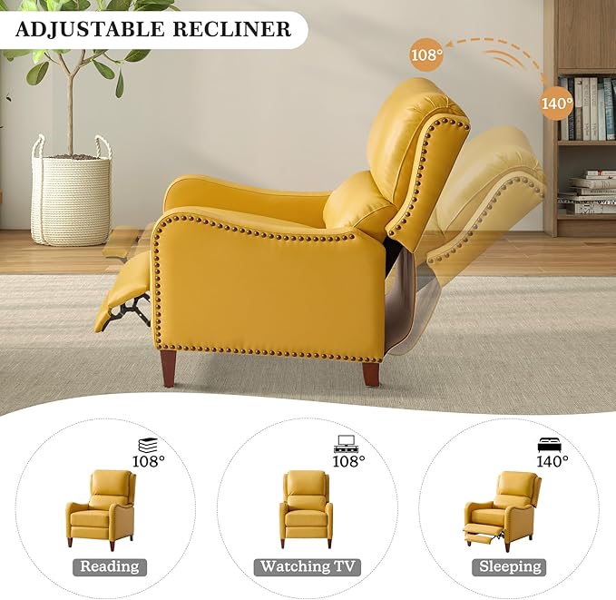 HULALA HOME Genuine Leather Recliner Chair Modern Push Back Recliner Armchair with Thick Seat Backrest &amp Footrest Nailhead Decor for Living Room Bedroom Yellow