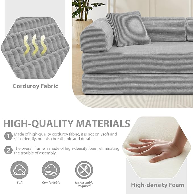 78 Convertible Sleeper Sofa Bed with Cylindrical Pillow Corduroy Folding Mattress Couch with Fixed Frame Floor Sofa Lounge Couch for Living Room Bedroom Apartment Light Grey