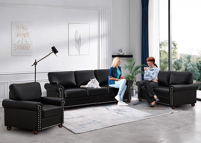 3 Piece Faux Leather Sofa SetMid Century Modern Couch and Loveseat Sets with StorageComfy Deep Seat Sofa with Nailhead Trim &amp Rolled Arm for Living RoomOffice(Armchair+Loveseat+3 SeaterBlack)