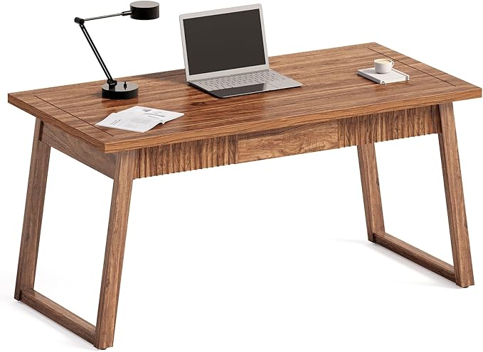 LITTLE TREE 55-Inch Home Office Desk with Drawer Modern Minimalist Style Wooden Simple Study Writing Table Mid-Century Log Executive Desk Computer Desk PC Laptop Desk Workstation Walnut Brown