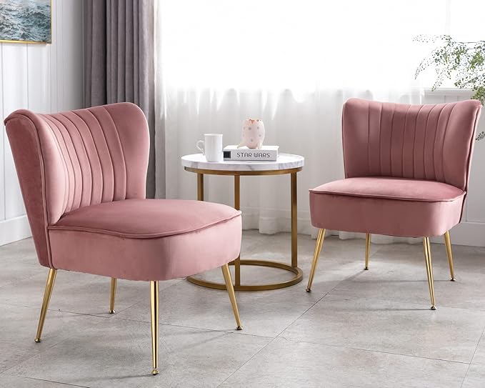 CIMOTA Velvet Accent Chairs Set of 2 Modern Armless Slipper Wingback Single Sofa Side Chair Comfy Corner Chair with Golden Legs for Living Room Bedroom Pink