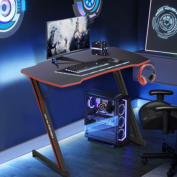 Dkelincs 35 inch Gaming Desk Z-Shaped Computer Desk PC Computer Table Home Office Desk Ergonomic Gamer Workstation with Headphone Hook Red