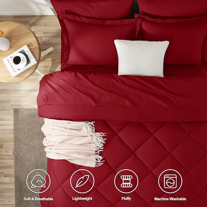 CozyLux Queen Comforter Set Dark Red - Bed in a Bag Queen Size 7 Pieces Luxury Soft Bed Set for All Seasons Bedding Set with Down Alternative Comforter Sheets Pillowcases &amp Shams