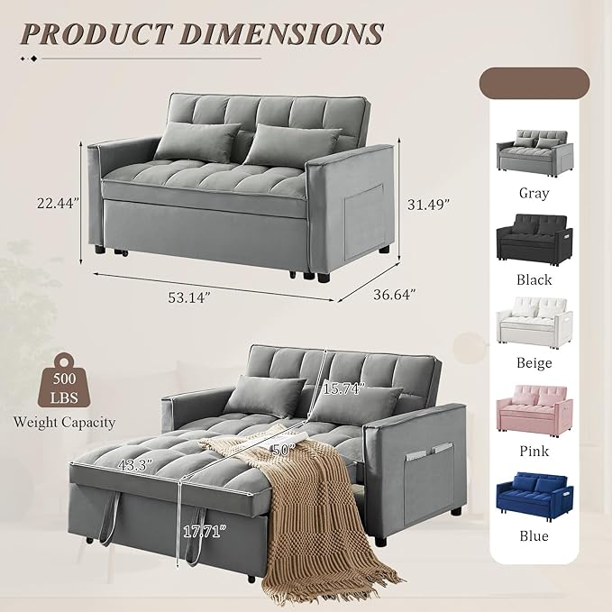 3 in 1 Convertible Sleeper Sofa Bed Futon Couches for Living Room with Side Pocket/Adjustable Backrest Velvet Upholstered Pull Out Couch Small Loveseat Sofa Bed for Bedroom Office Small Spaces