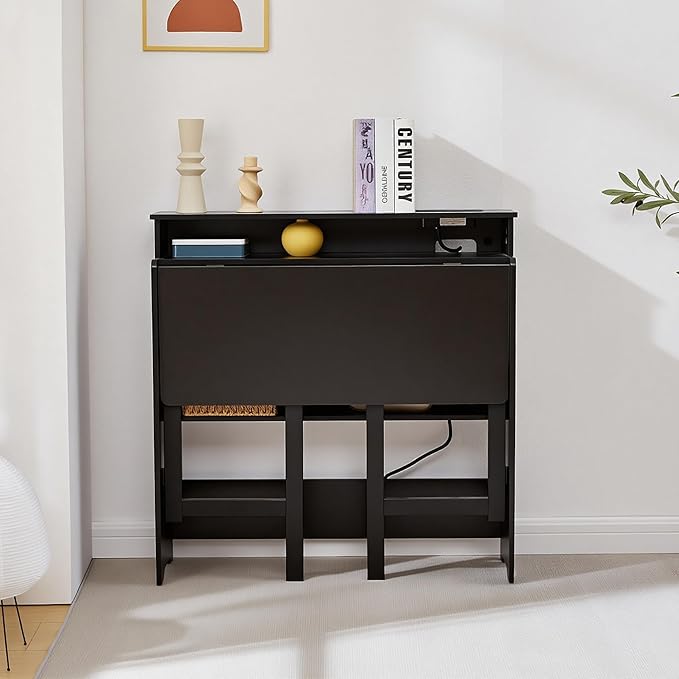 Folding Desk with Charging StationFold Out Desk with Monitor StandStorage ShelfSmall Foldable Computer Desk for Compact Home Office Spaces (Black)