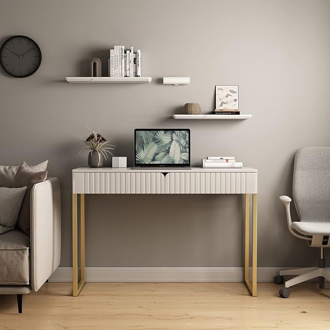 Elegant Modern Desk 2 Drawers Gold Legs 43.3x15.75 inches Home Office Makeup Vanity Computer Writing Study Entryway Sofa Table