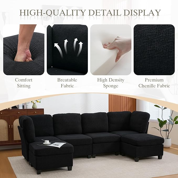 113.39 Modular Sectional Sofa 6 Seaters Sectional Sleeper Sofa U Shaped Couch Comfy Convertible Couches with Ottomans Oversized Modular Sofa with Large Storage for Living Room (Black)