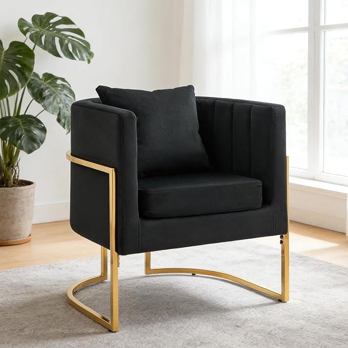 Modern Velvet Barrel Armchair with Lumbar Pillow Mid-Century Upholstered Accent Chair for Living Room Bedroom Single Sofa Club Reception Chair with Golden Metal Legs Black