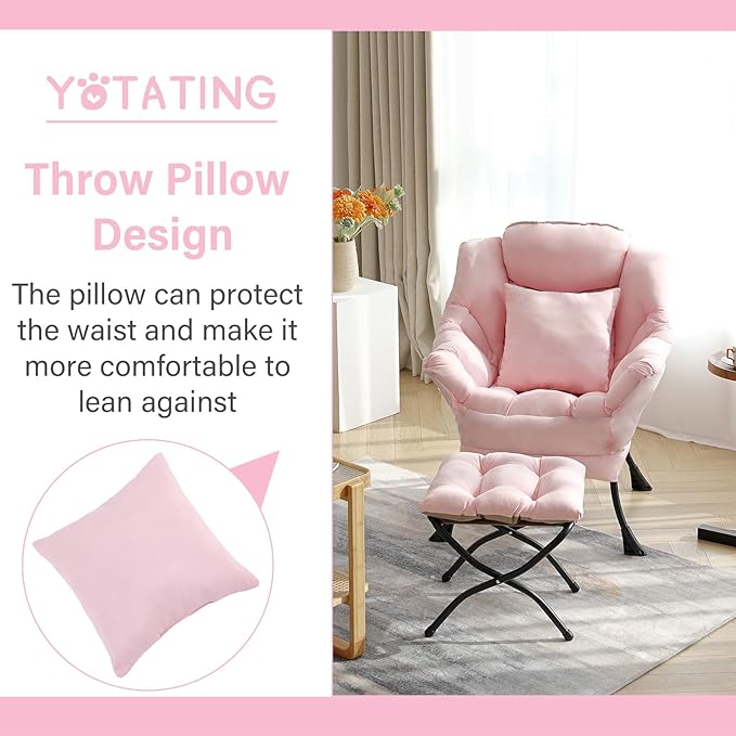 Lazy Chair with Ottoman Comfy Reading Lounge Chair with Footstool &amp Throw Pillow Modern with Armrests &amp Side Pocket for Living Room Bedroom Dorm Room Pink