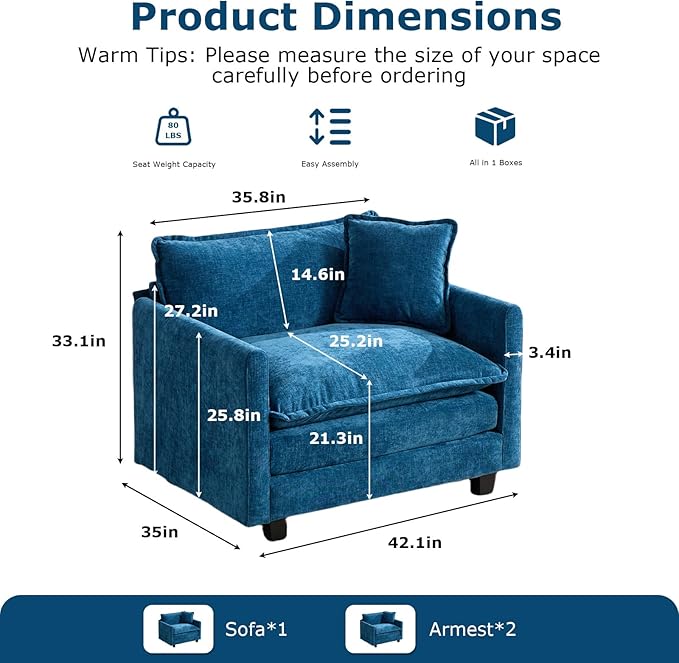 Sofa Couch for Living RoomModern Modular Sectional Sofa 1-Seat 42.1 Chenille Removable Memory Foam Sofa with 1 Throw Pillow for Bedroom ApartmentBlue
