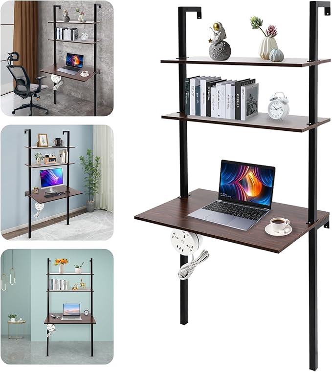 Wall Mount Floating Desk with 3-Tier Storage Shelves 72.5in Stepped Indoor Office Desk Modern Storage Writing Table for Small Spaces Home Office &amp Living Room (Brown/Black)
