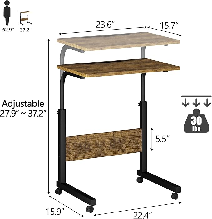 Klvied Standing Desk Adjustable Height Stand Up Desk with Cup Holder Portable and Easy to Move Bedside Table Ideal for Home or Office Walnut