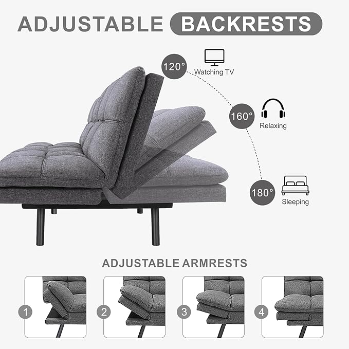 QAIIOO Futon Sofa Bed Memory Foam Sleeper Sofa Convertible Sofa Bed with Adjustable Armrests and Backrest Modern Futon Couch for Small Space Living Room Office Grey