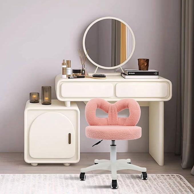Cute Bow Backrest Chair Pink Make-up Chair Height Adjustable Roller Chair with 5 Wheels Armless Dressing Chair Small Upholstered Accent Chair Desk Chair for Bedroom Living Room