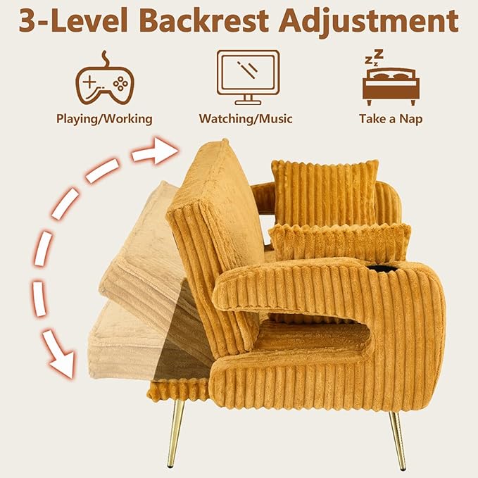70 Beige Futon Couch Bed Sofa Comfortable Futon Loveseat with Cupholders &amp Arms Convertible Fouton Sofas with Adjustable Backrest &amp Pockets for Small Spaces Living Room Bedroom Dorm (Orange