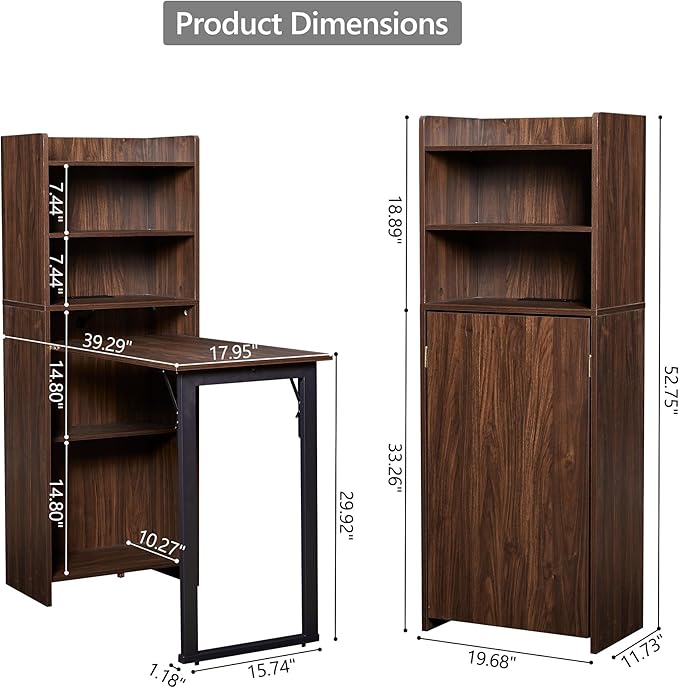 Foldable Desk with StorageHidden Desk with Built-in SocketFold Out Writing Table for Small SpacesHome Office and Bedroom (Dark Walnut)