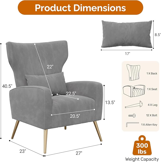 Gary Velvet Accent Chair Set of 2 Wingback Chair for Living Room High Back Arm Chair with Golden Legs Lumbar Pillow Upholstered Single Sofa Bedroom