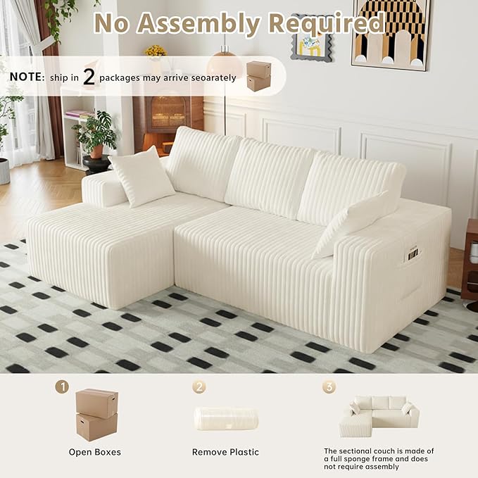 96 Cloud Sectional Couch with L-Shape Chaise4 Seat Modern Modular Sofa with Side PocketsUpholstered Couches for Living Room Bedroom Boneless CouchNo Assembly Required