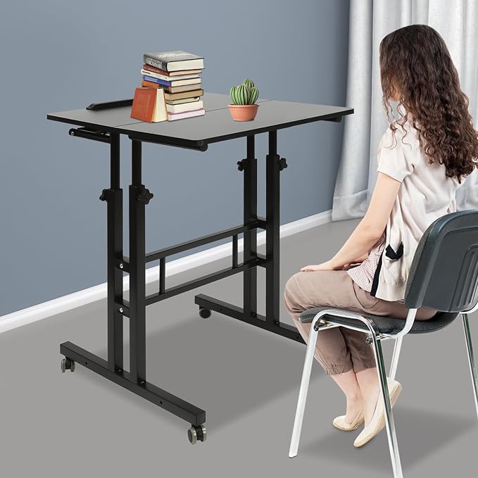 Mobile Standing Desk Adjustable Workstation with Wheels Portable Laptop Cart for Standing or Sitting (Black)