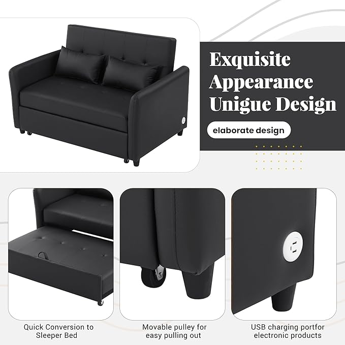Black Convertible Sofa Bed 3-in-1 Sleeper Sofa with Pull-Out Bed PU Leather Futon Couch with Adjustable Backrest USB Port for Living Room Bedroom Apartment RV (Black)