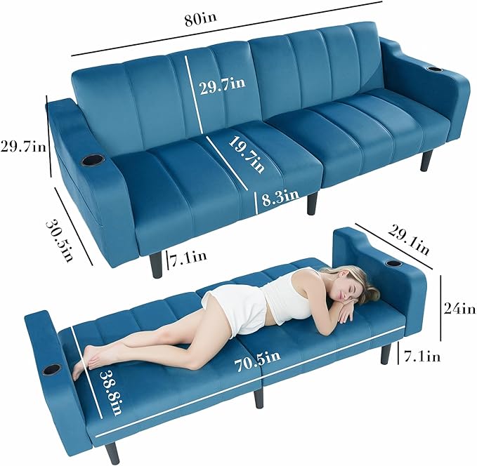 80 Velvet Futon Sofa Bed Convertible Sleeper Loveseat with Cup Holders &amp Storage Pockets Mid Century Modern Couch for Living Room Bedroom Office Small Space (Dark Blue)