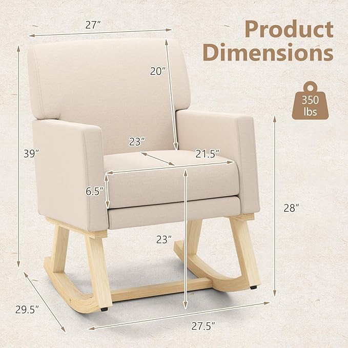Giantex Upholstered Rocking Chair Nursery Rocking Chair w/Widened Back Machine-Washable Seat Cushion Cover Solid Rubber Wood Frame Glider Rocker Accent Chair for Living Room Bedroom Beige