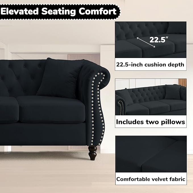 2 Piece Modern Black Velvet 80 3-Seater and 59 Loveseat Sofa Sets Chesterfield Tufted Combination Couch with 4 Pillows 8 Rolled Nailhead Arms Sofa for Living Room