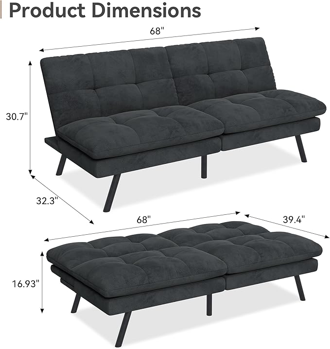 Convertible Futon Sofa Bed Memory Foam Futon Couch with Adjustable Backrest Folding Small Loveseat Sleeper Recliner for Living Room Apartments Bedroom or Office (Black)