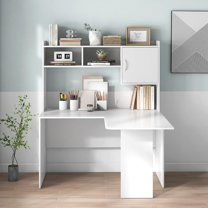 Tangkula L-Shaped Desk with Storage Hutch Corner Computer Desk with Shelves &amp Cabinet Modern Writing Study Table for Home Office Laptop PC Workstation White