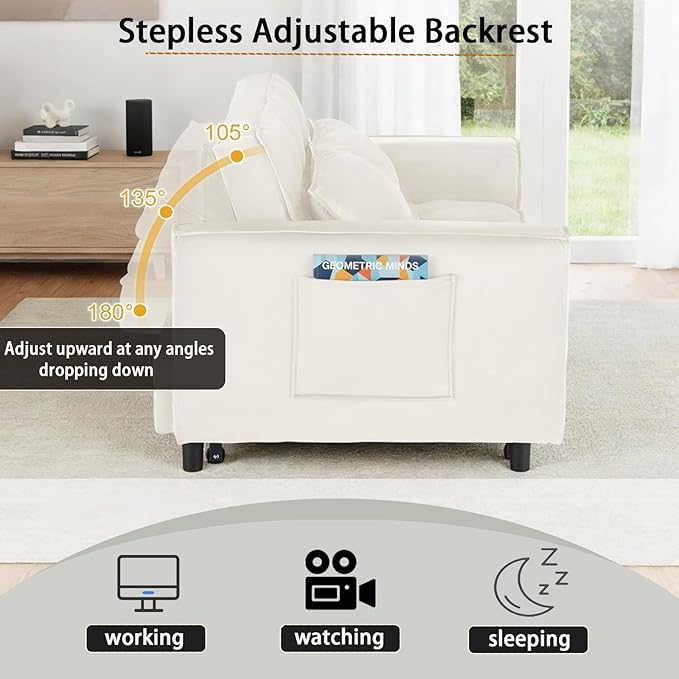 3 in 1 Folding Convertible Sofa Bed 55'' Pull Out Couch Bed with Side Pocket Velvet Fabric Loveseat Sleeper Sofa with Adjustable Backrest Easy Assembly Perfect for Living Room Off White