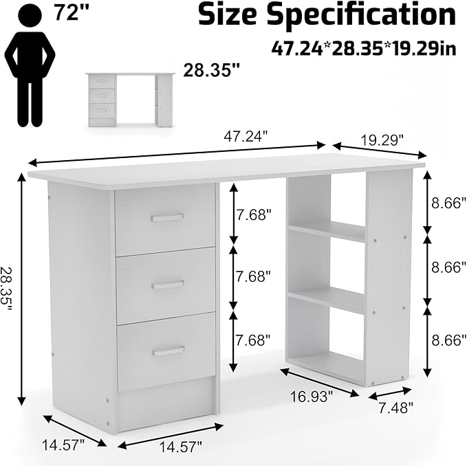 Computer Desk with DrawersStanding Desk with Storage RacksWriting Desk for Home Office or Bedroom (White)