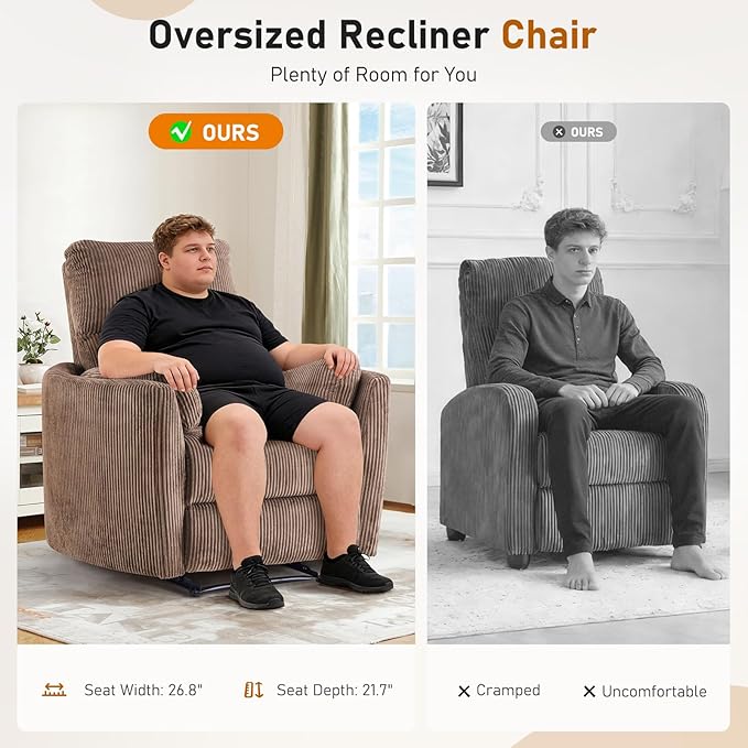 Furnimart Oversized Manual Recliner Chair for Adults 30 Extra-Wide Corduroy Recliner with Chunky Cushion High Back &amp Padded Armrests Comfy Chair for Living Room Bedroom Home Heater(Brown)