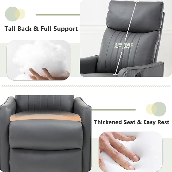 cinkehome Heated Massage Swivel Rocker Recliner Chair for Nursery - Small Space Reclining Chair with Lumbar Support 360° Swivel &amp Gentle Rocking Ergonomic High Back Faux Leather Gray